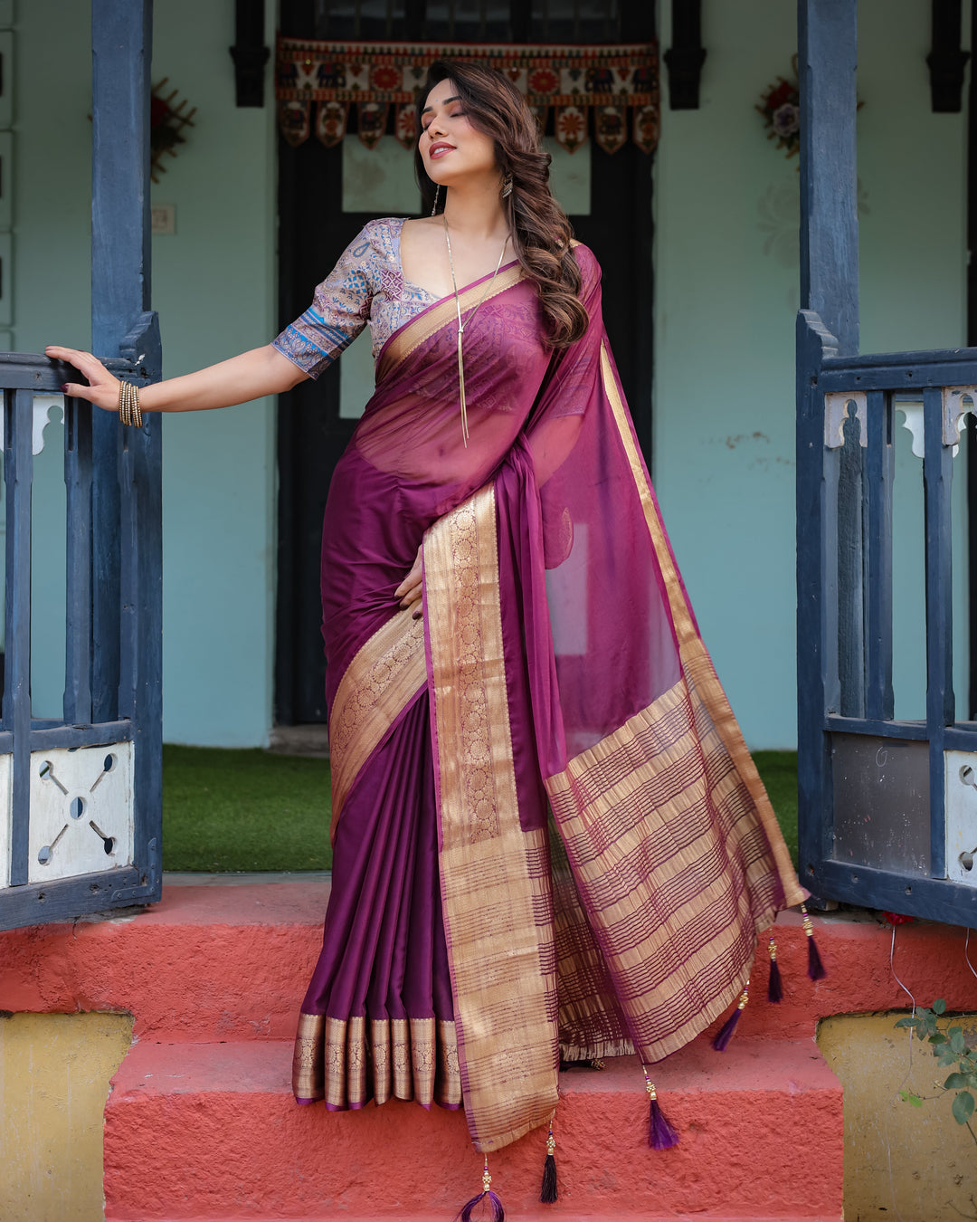 Majestic Plum Plain Chiffon Saree with Gold Zari Border, Printed Designer Blouse & Tassel Detailing