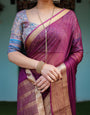 Majestic Plum Plain Chiffon Saree with Gold Zari Border, Printed Designer Blouse & Tassel Detailing