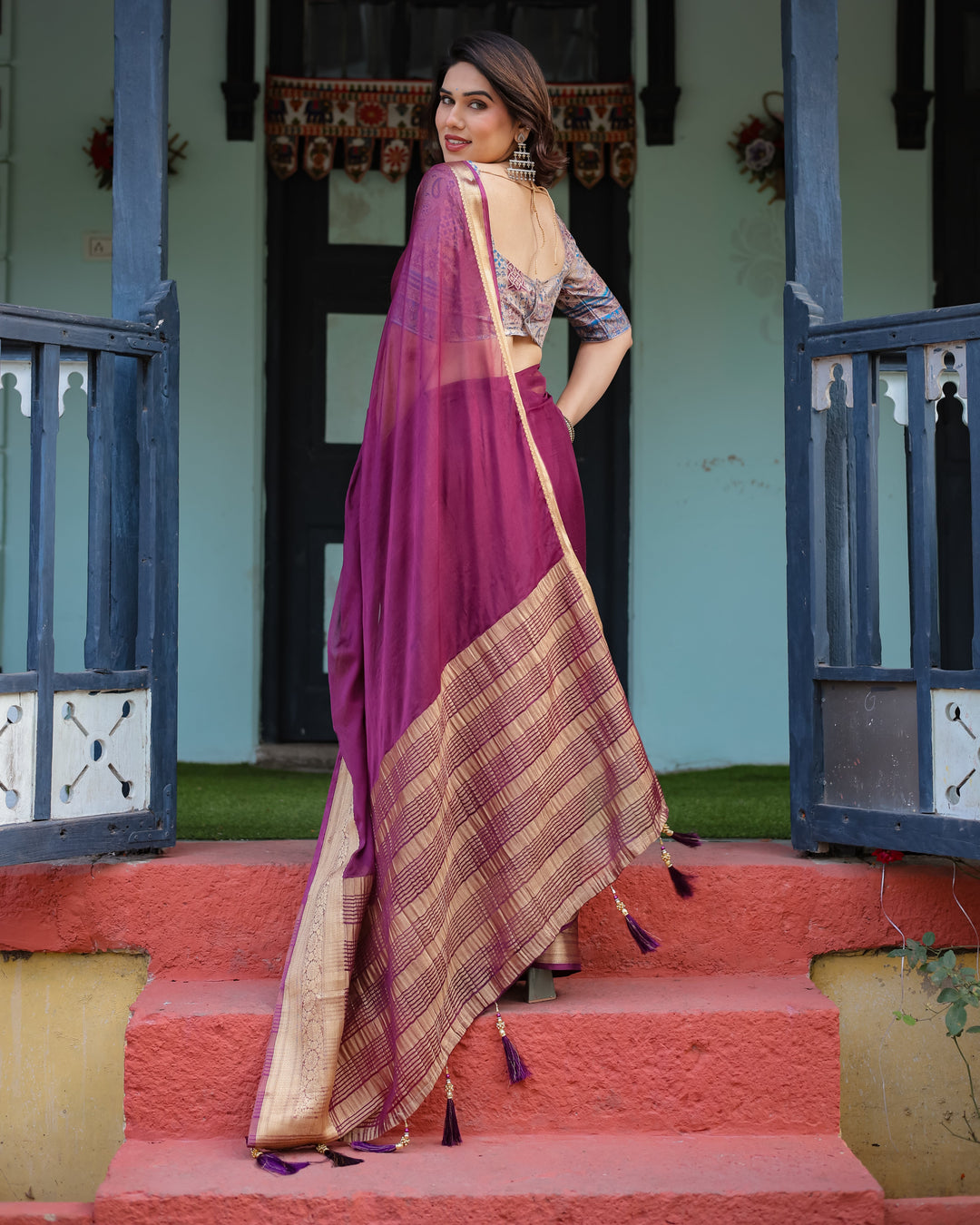 Majestic Plum Plain Chiffon Saree with Gold Zari Border, Printed Designer Blouse & Tassel Detailing