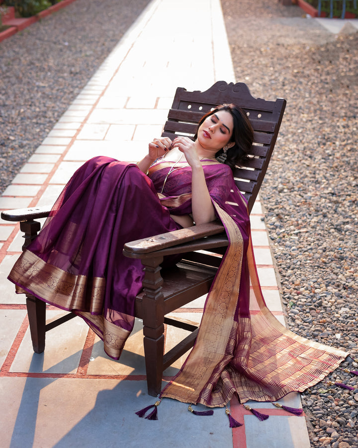 Majestic Plum Plain Chiffon Saree with Gold Zari Border, Printed Designer Blouse & Tassel Detailing