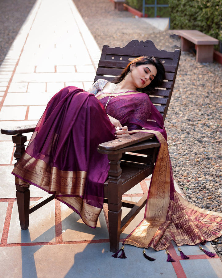 Majestic Plum Plain Chiffon Saree with Gold Zari Border, Printed Designer Blouse & Tassel Detailing