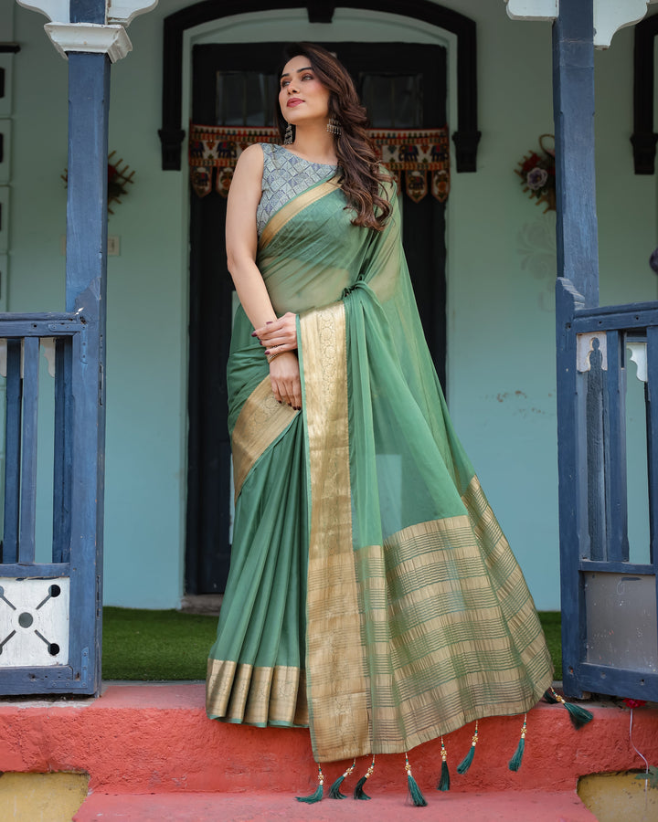 Mint Green Plain Chiffon Saree with Gold Zari Border, Geometric Printed Blouse & Tassel Detailing