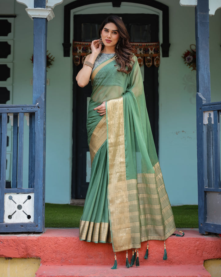 Mint Green Plain Chiffon Saree with Gold Zari Border, Geometric Printed Blouse & Tassel Detailing