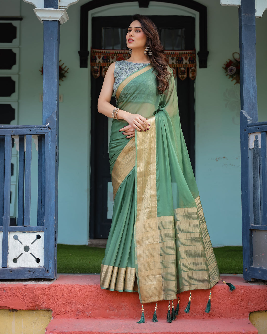 Mint Green Plain Chiffon Saree with Gold Zari Border, Geometric Printed Blouse & Tassel Detailing