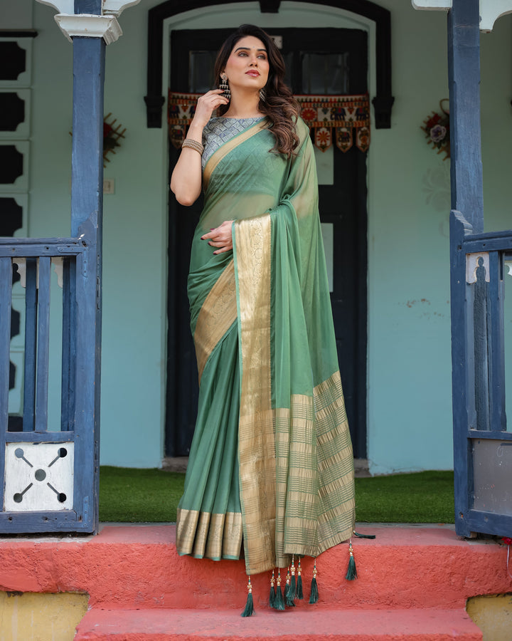 Mint Green Plain Chiffon Saree with Gold Zari Border, Geometric Printed Blouse & Tassel Detailing