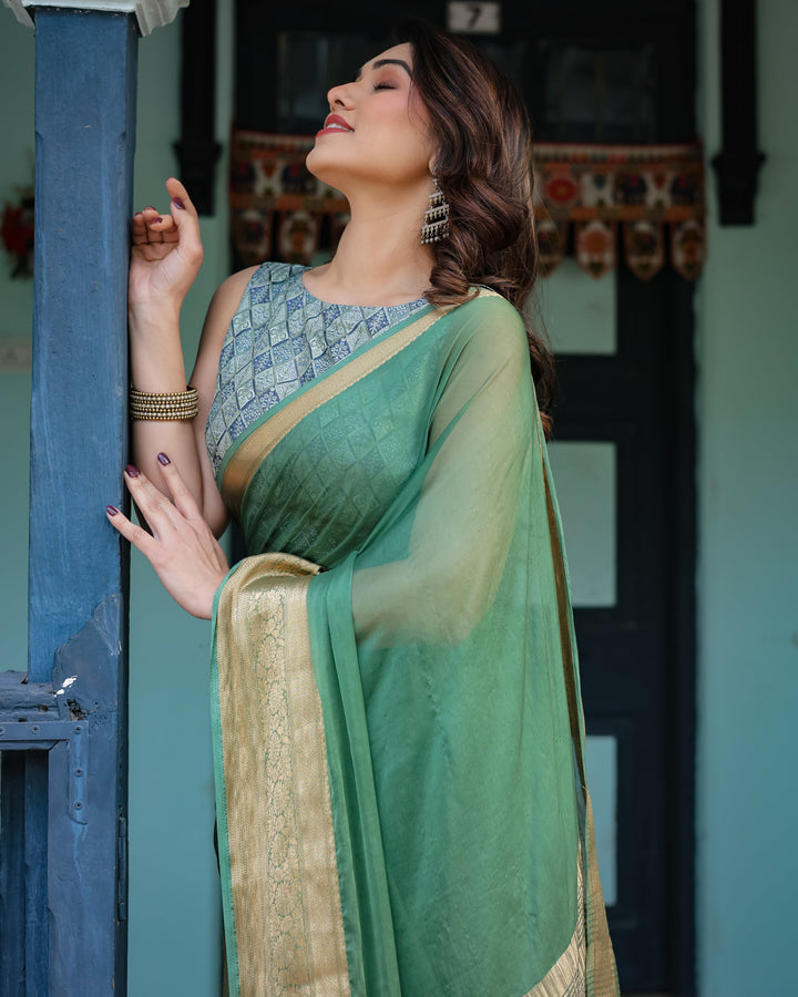 Mint Green Plain Chiffon Saree with Gold Zari Border, Geometric Printed Blouse & Tassel Detailing