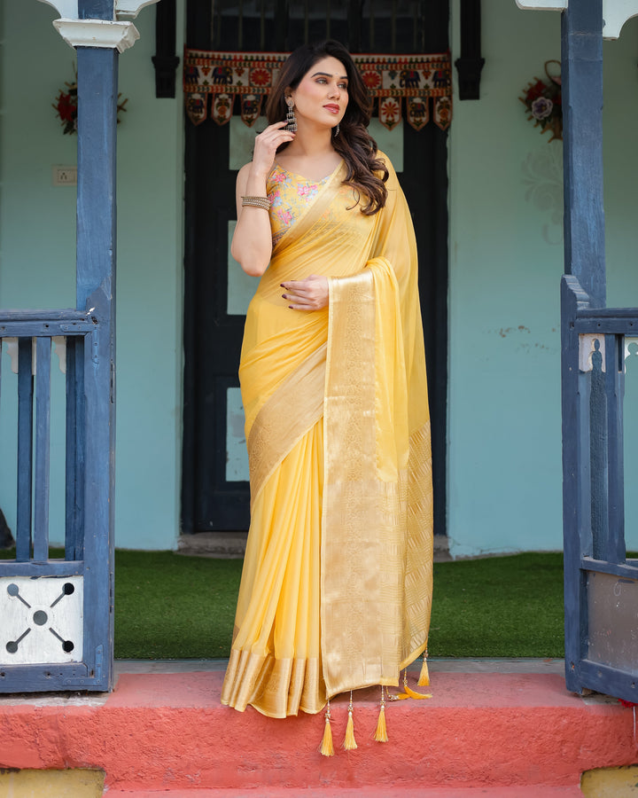 Golden Yellow Plain Chiffon Saree with Gold Zari Border, Floral Printed Blouse & Tassel Detailing