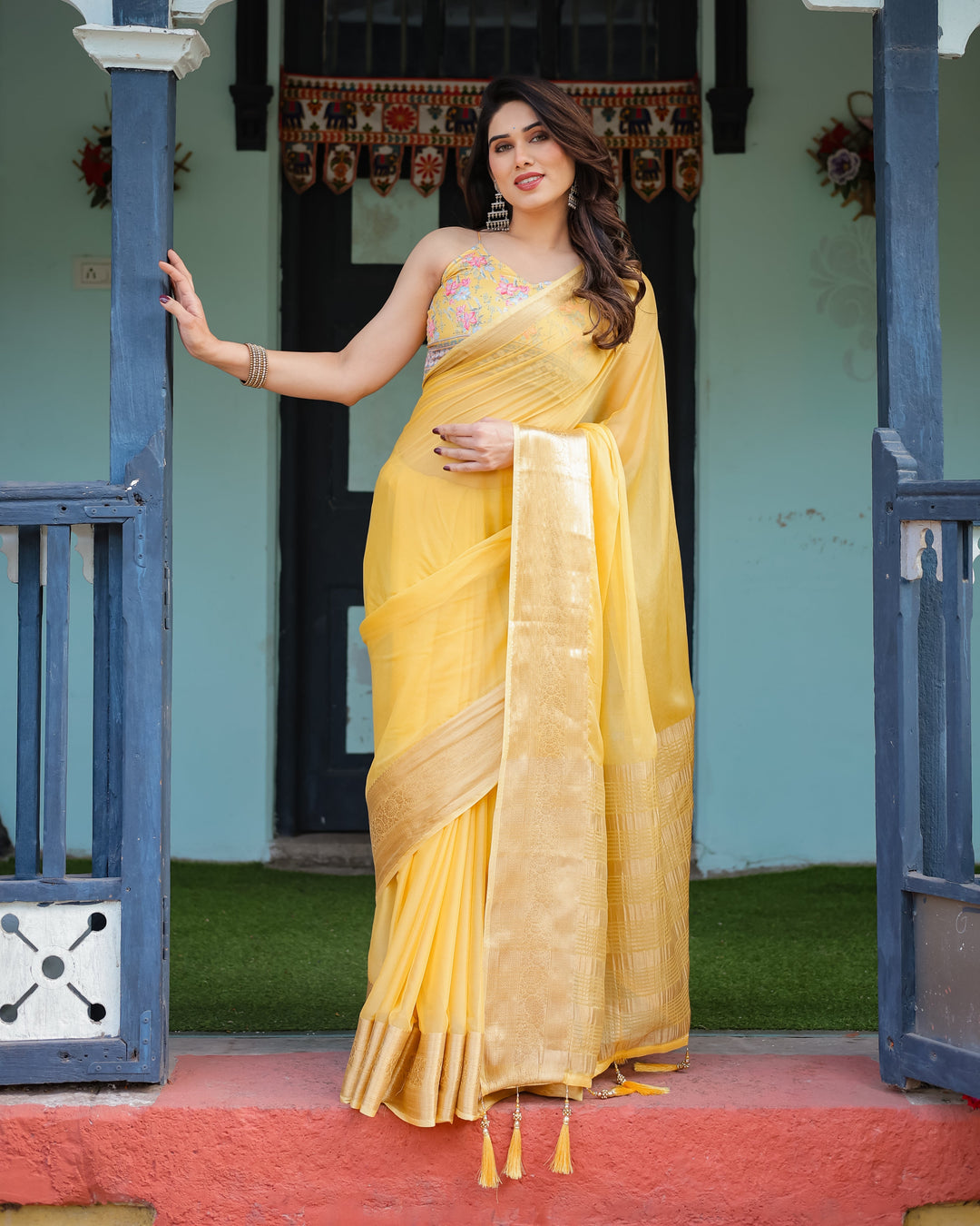 Golden Yellow Plain Chiffon Saree with Gold Zari Border, Floral Printed Blouse & Tassel Detailing