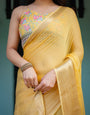 Golden Yellow Plain Chiffon Saree with Gold Zari Border, Floral Printed Blouse & Tassel Detailing