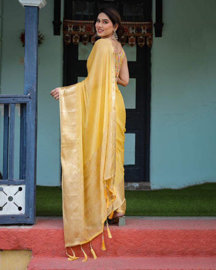 Golden Yellow Plain Chiffon Saree with Gold Zari Border, Floral Printed Blouse & Tassel Detailing