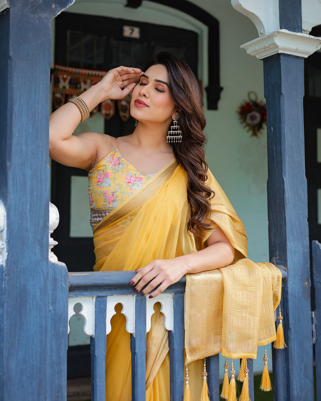 Golden Yellow Plain Chiffon Saree with Gold Zari Border, Floral Printed Blouse & Tassel Detailing