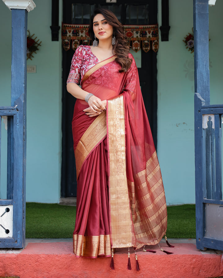 Elegant Maroon Plain Chiffon Saree with Gold Border, Printed Blouse & Tassel Detailing