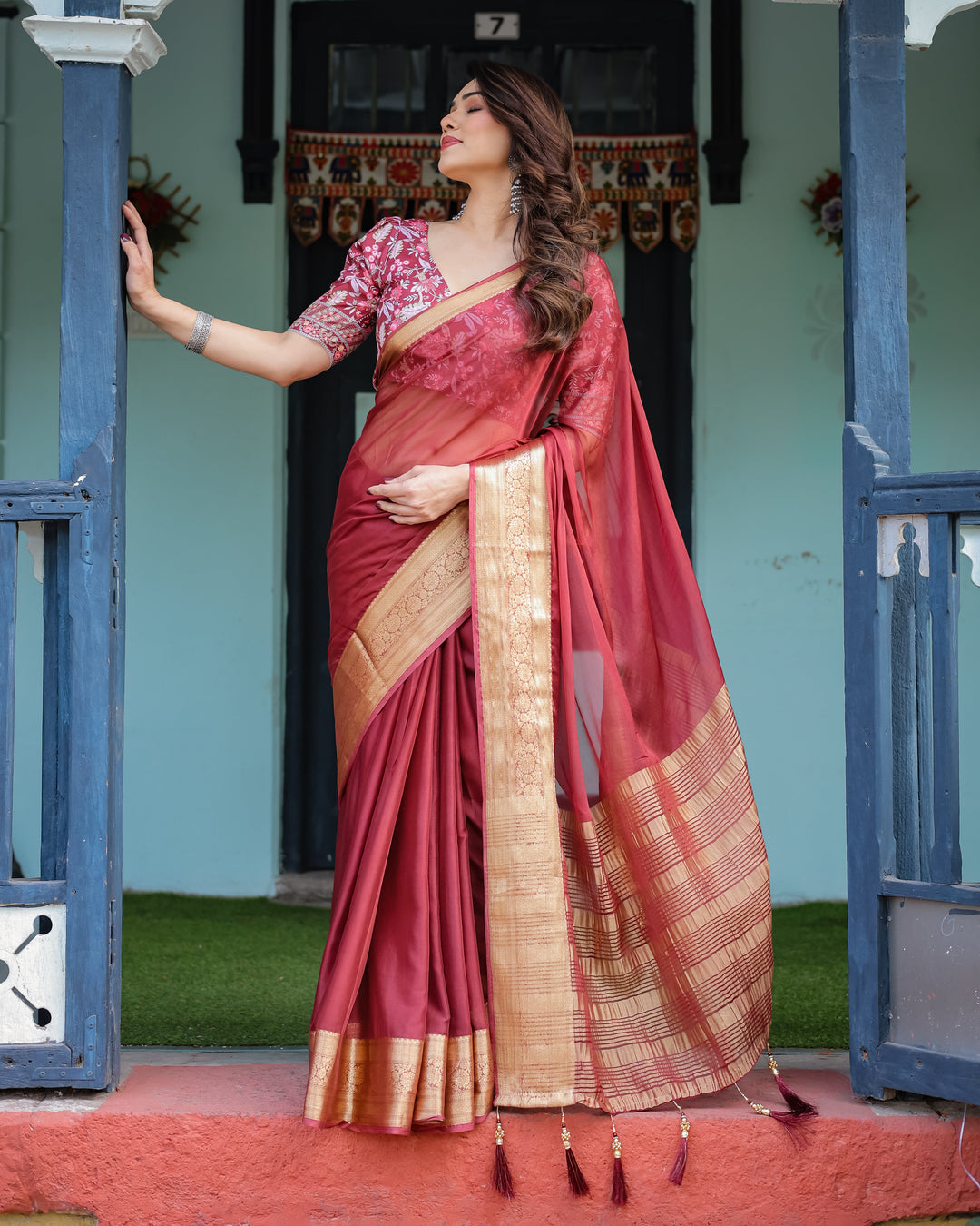 Elegant Maroon Plain Chiffon Saree with Gold Border, Printed Blouse & Tassel Detailing