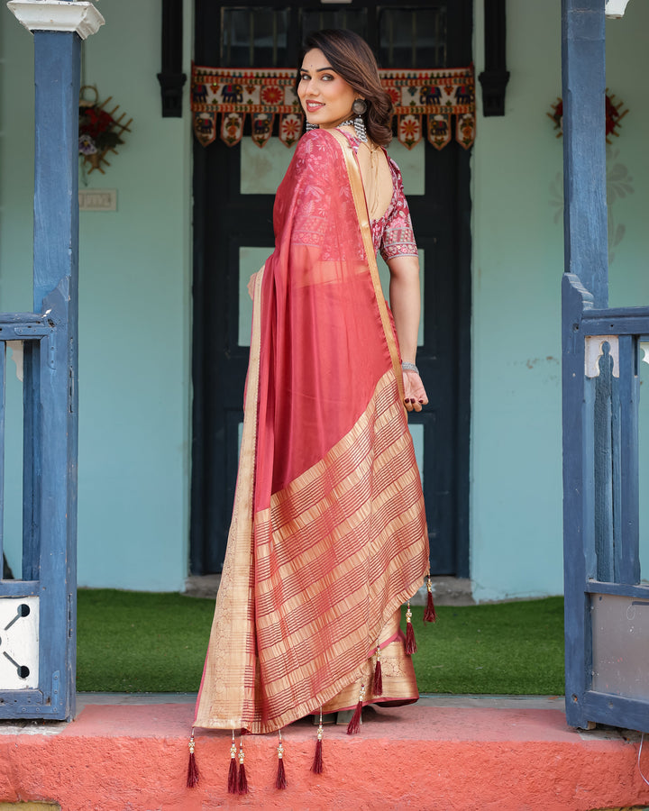 Elegant Maroon Plain Chiffon Saree with Gold Border, Printed Blouse & Tassel Detailing