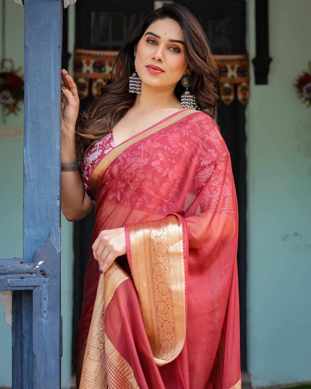 Elegant Maroon Plain Chiffon Saree with Gold Border, Printed Blouse & Tassel Detailing