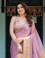 Lavender Plain Chiffon Saree with Gold Zari Border, Printed Blouse & Tassel Details