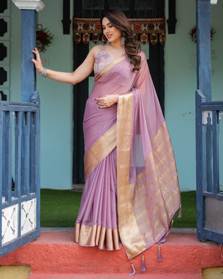 Lavender Plain Chiffon Saree with Gold Zari Border, Printed Blouse & Tassel Details