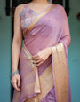 Lavender Plain Chiffon Saree with Gold Zari Border, Printed Blouse & Tassel Details