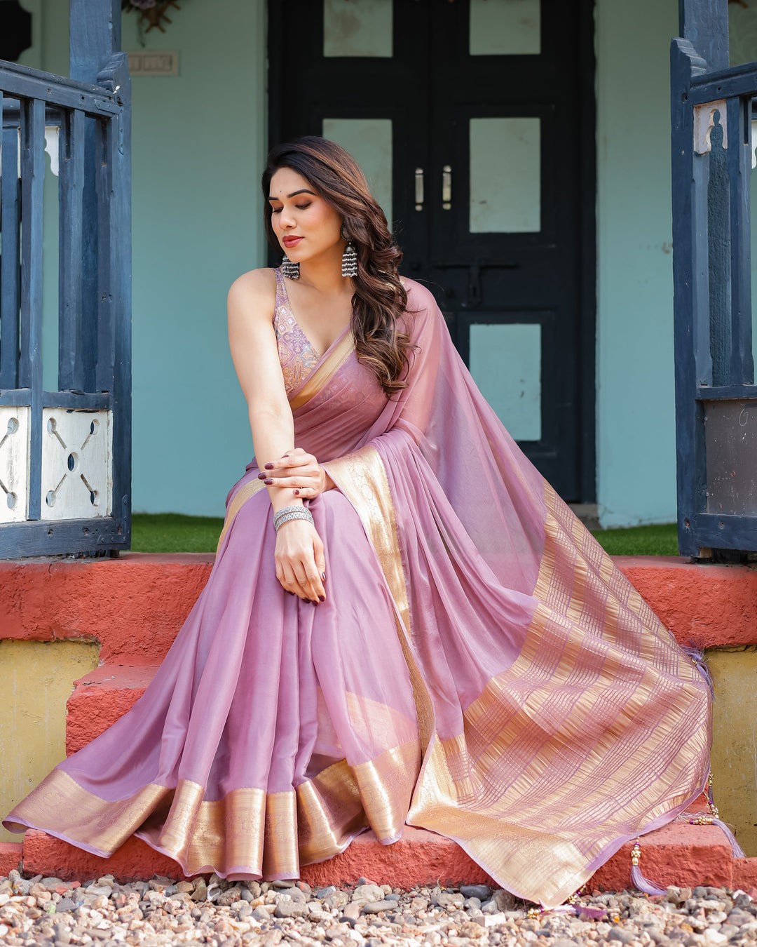 Lavender Plain Chiffon Saree with Gold Zari Border, Printed Blouse & Tassel Details