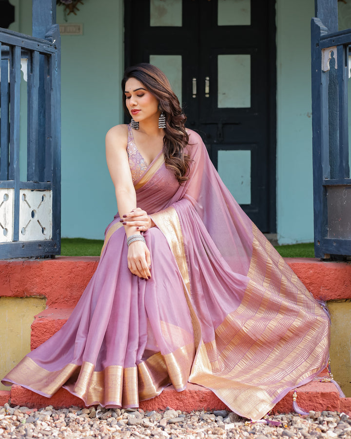 Lavender Plain Chiffon Saree with Gold Zari Border, Printed Blouse & Tassel Details