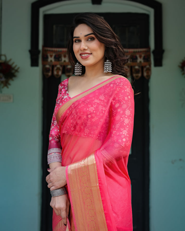 Ravishing Rani Pink Plain Chiffon Saree with Gold Zari Border, Floral Printed Blouse & Tassel Accents