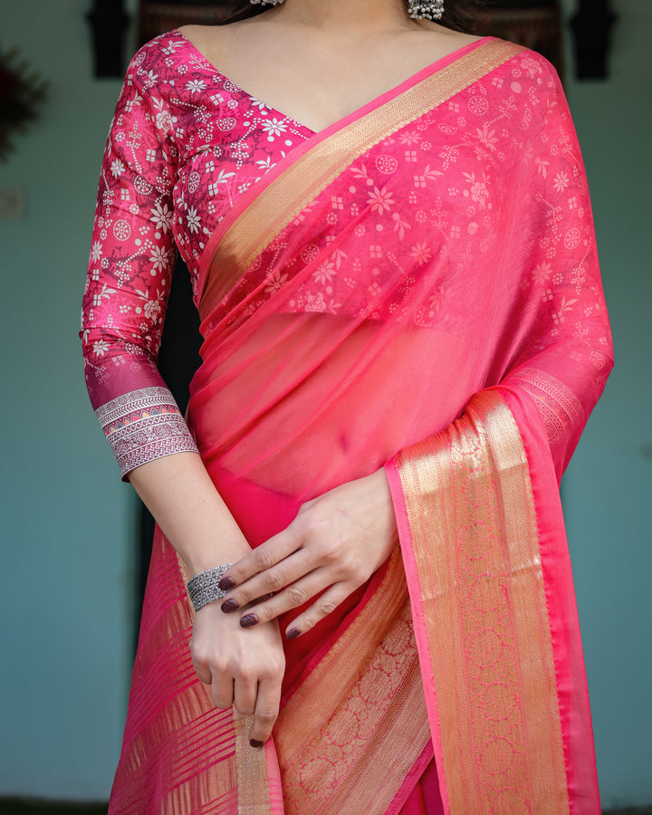 Ravishing Rani Pink Plain Chiffon Saree with Gold Zari Border, Floral Printed Blouse & Tassel Accents