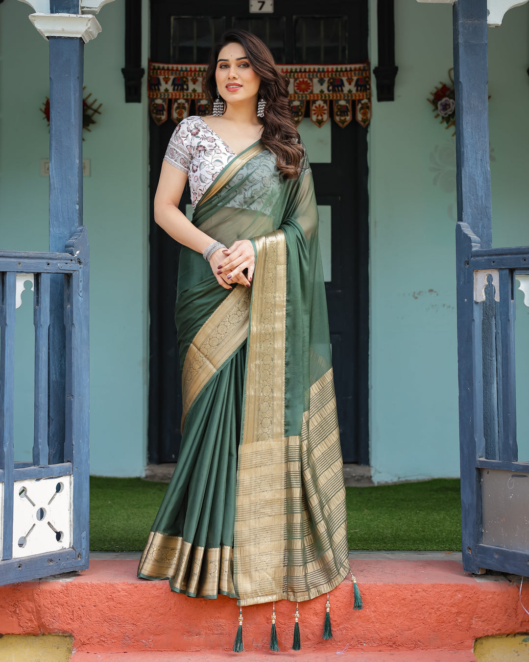 Elegant Bottle Green Plain Chiffon Saree with Gold Zari Border, Floral Printed Blouse & Tassel Finishing