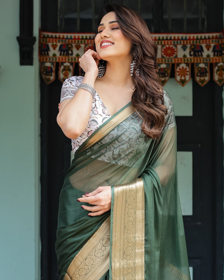 Elegant Bottle Green Plain Chiffon Saree with Gold Zari Border, Floral Printed Blouse & Tassel Finishing