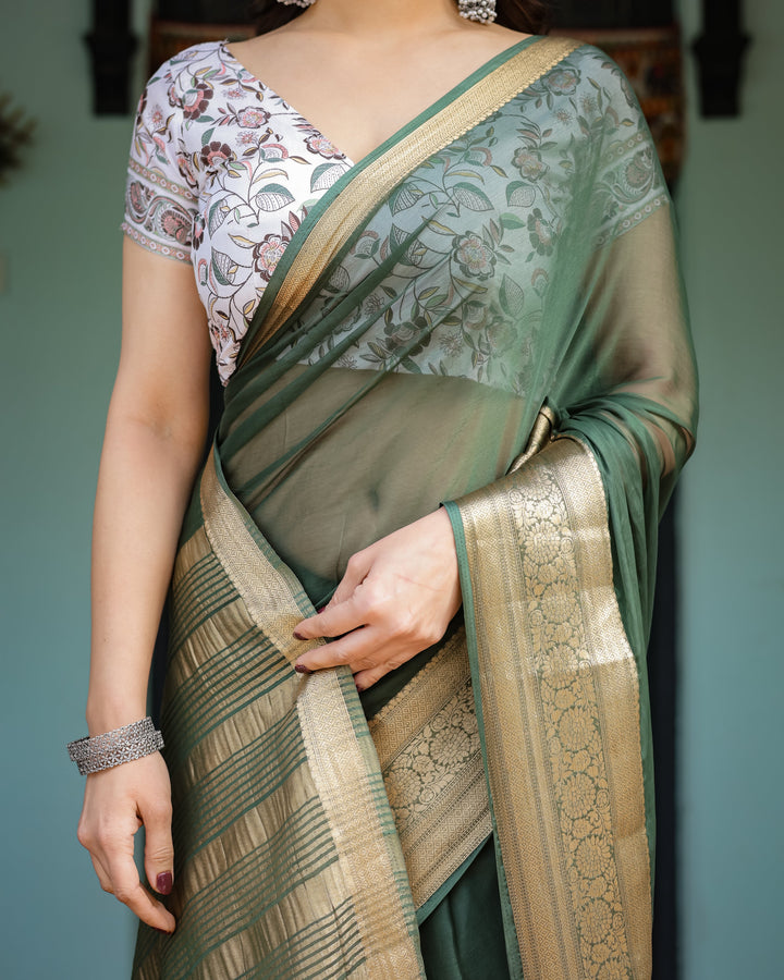 Elegant Bottle Green Plain Chiffon Saree with Gold Zari Border, Floral Printed Blouse & Tassel Finishing