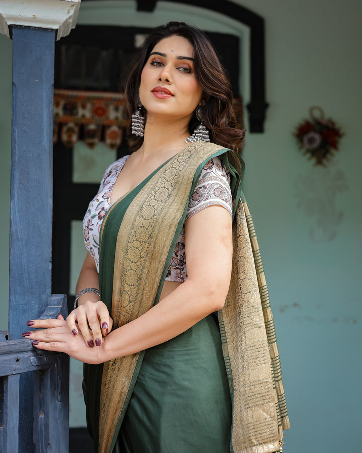 Elegant Bottle Green Plain Chiffon Saree with Gold Zari Border, Floral Printed Blouse & Tassel Finishing