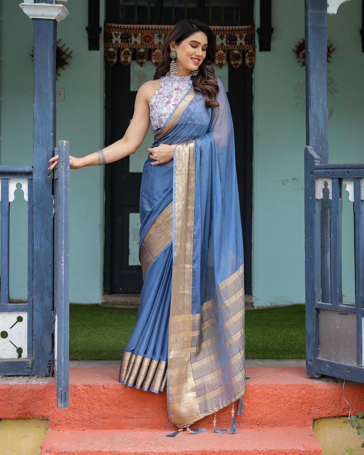 Serene Steel Blue Plain Chiffon Saree with Gold Zari Border, Floral Printed Blouse & Tassel Detailing