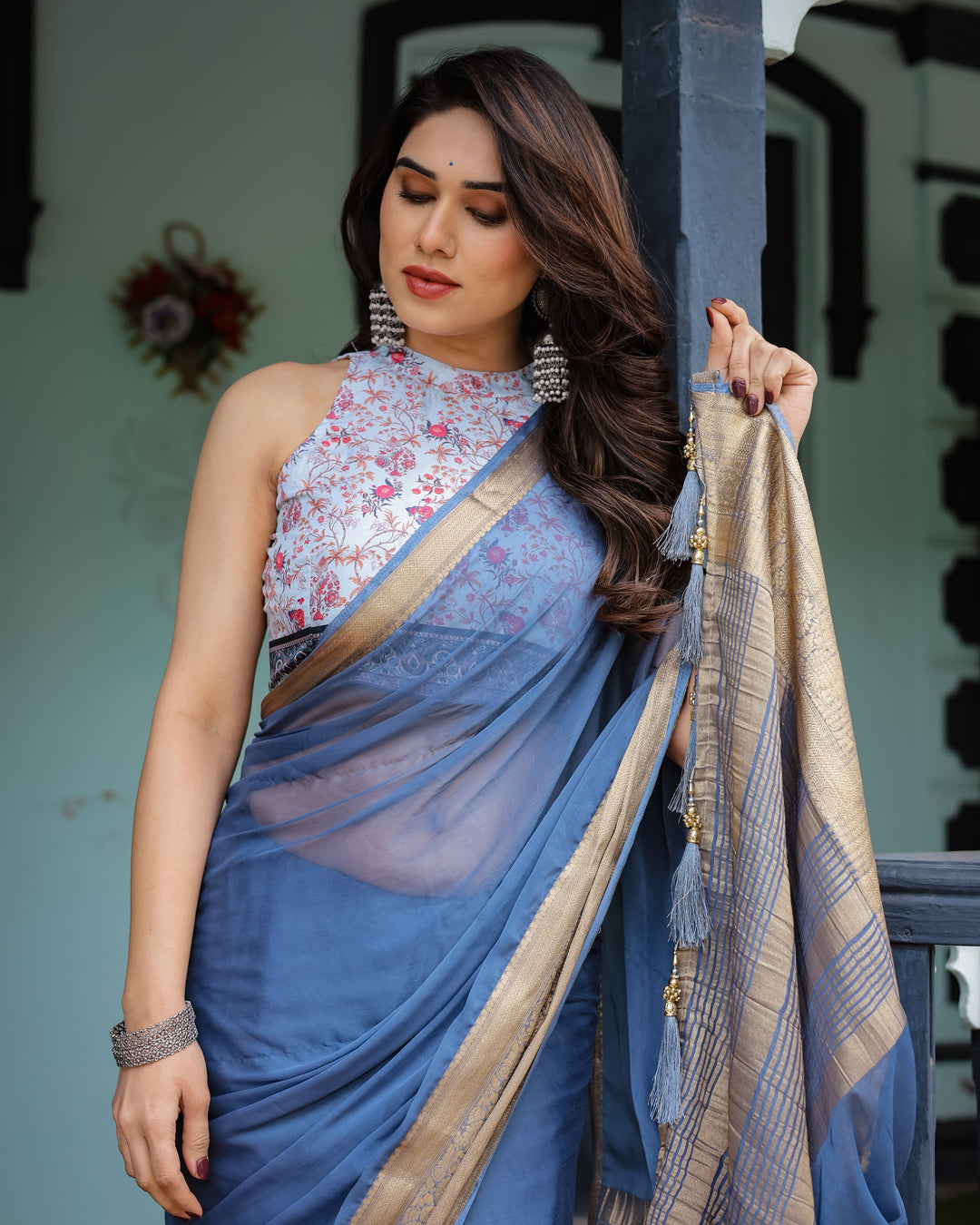 Serene Steel Blue Plain Chiffon Saree with Gold Zari Border, Floral Printed Blouse & Tassel Detailing