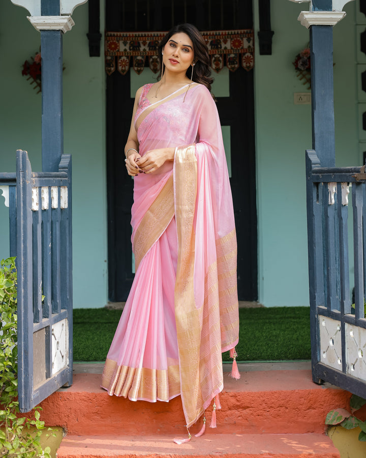 Blush Pink Plain Chiffon Saree with Gold Zari Border, Floral Printed Blouse & Tassel Finishing