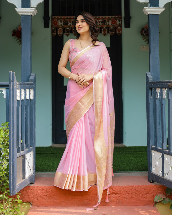 Blush Pink Plain Chiffon Saree with Gold Zari Border, Floral Printed Blouse & Tassel Finishing