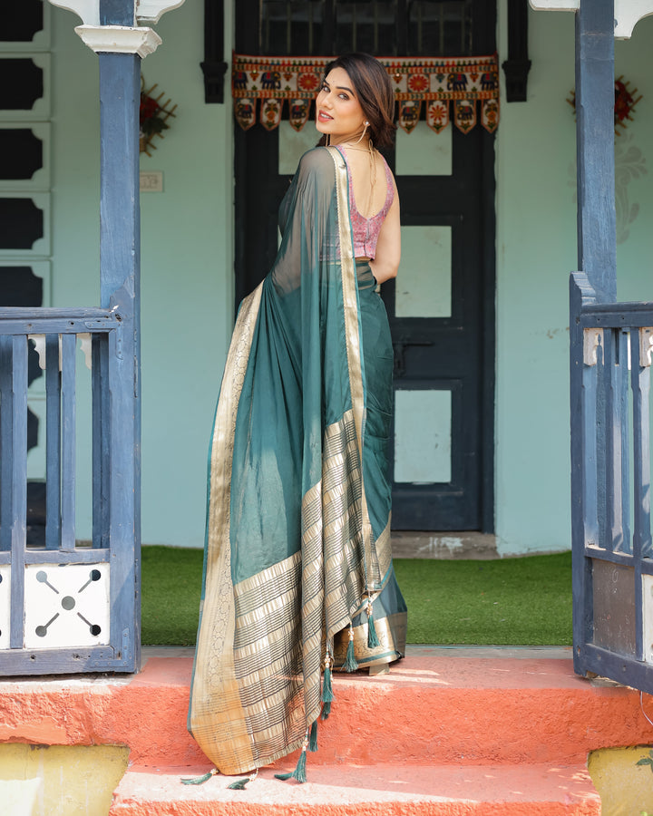 Enchanting Forest Green Plain Chiffon Saree with Gold Zari Border, Floral Printed Blouse & Tassel Details