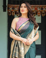 Enchanting Forest Green Plain Chiffon Saree with Gold Zari Border, Floral Printed Blouse & Tassel Details