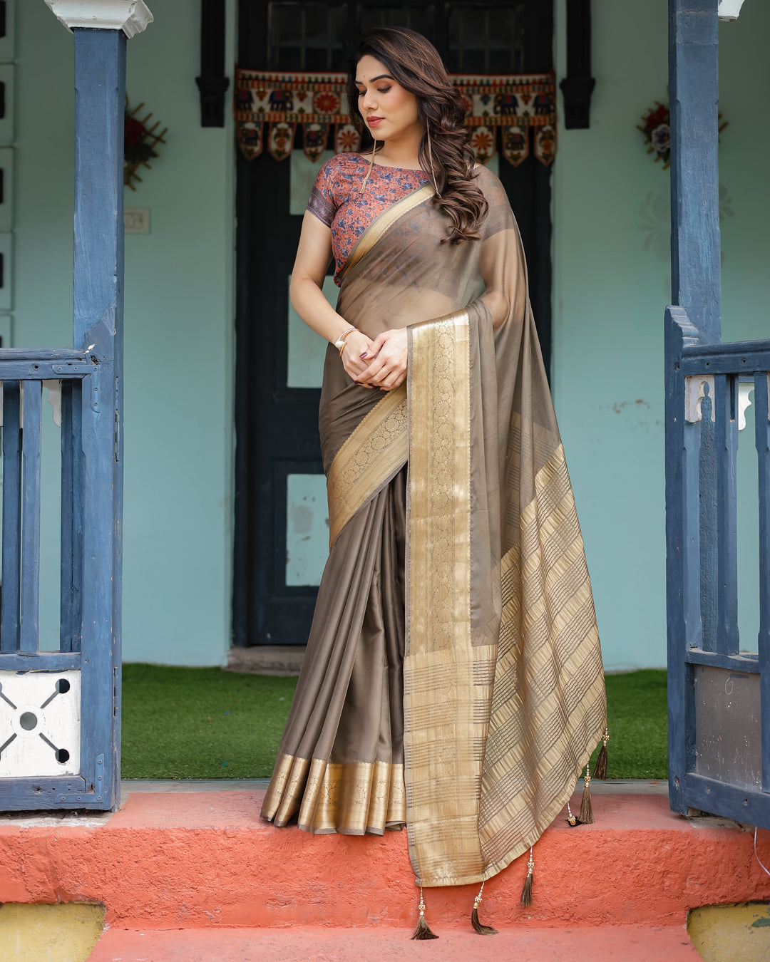 Elegant Olive Brown Plain Chiffon Saree with Gold Zari Border, Paisley Printed Blouse & Tassel Detailing