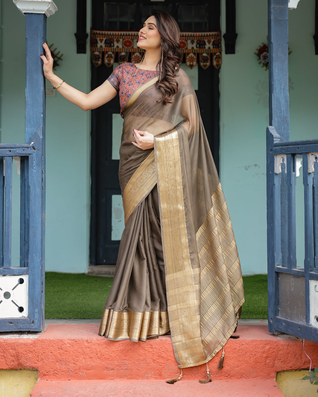 Elegant Olive Brown Plain Chiffon Saree with Gold Zari Border, Paisley Printed Blouse & Tassel Detailing