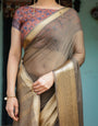 Elegant Olive Brown Plain Chiffon Saree with Gold Zari Border, Paisley Printed Blouse & Tassel Detailing