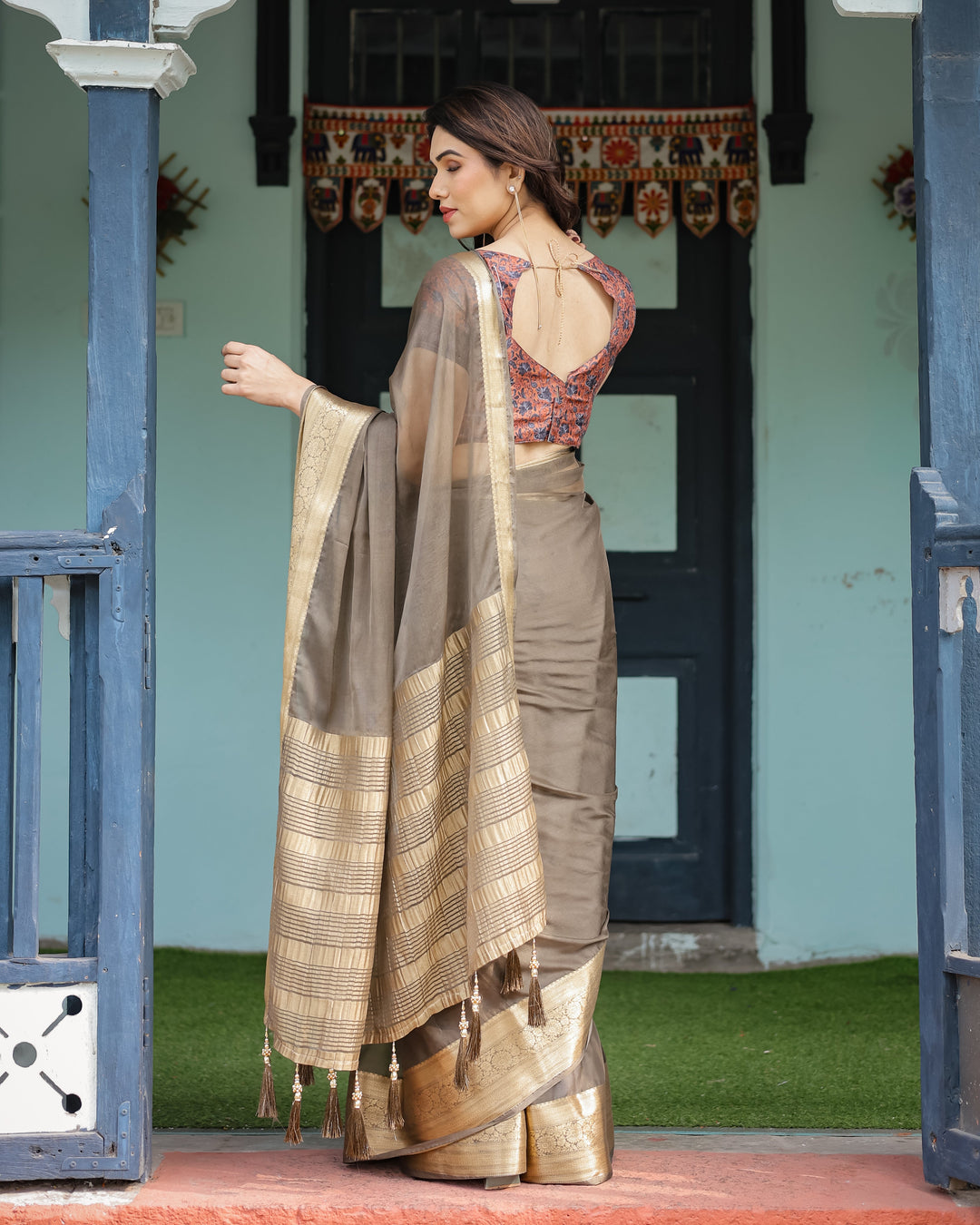 Elegant Olive Brown Plain Chiffon Saree with Gold Zari Border, Paisley Printed Blouse & Tassel Detailing