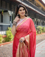 Radiant Rose Red Plain Chiffon Saree with Gold Zari Border, Intricate Printed Blouse & Tassel Accents