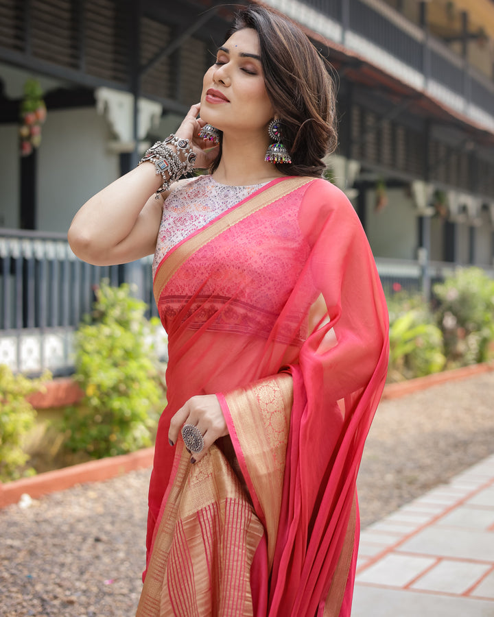 Radiant Rose Red Plain Chiffon Saree with Gold Zari Border, Intricate Printed Blouse & Tassel Accents