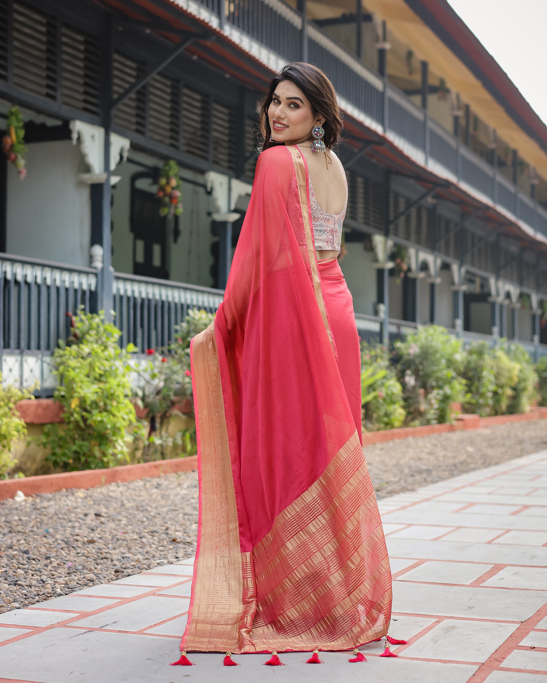 Radiant Rose Red Plain Chiffon Saree with Gold Zari Border, Intricate Printed Blouse & Tassel Accents