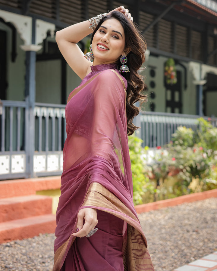 Sophisticated Mauve Plain Chiffon Saree with Gold Zari Border, Matching Printed Blouse & Tassel Detailing