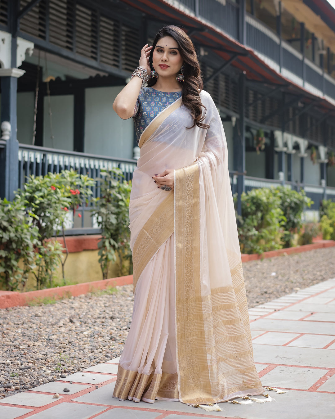 Ivory White Plain Chiffon Saree with Gold Zari Border, Floral Printed Blouse & Tassel Detailing