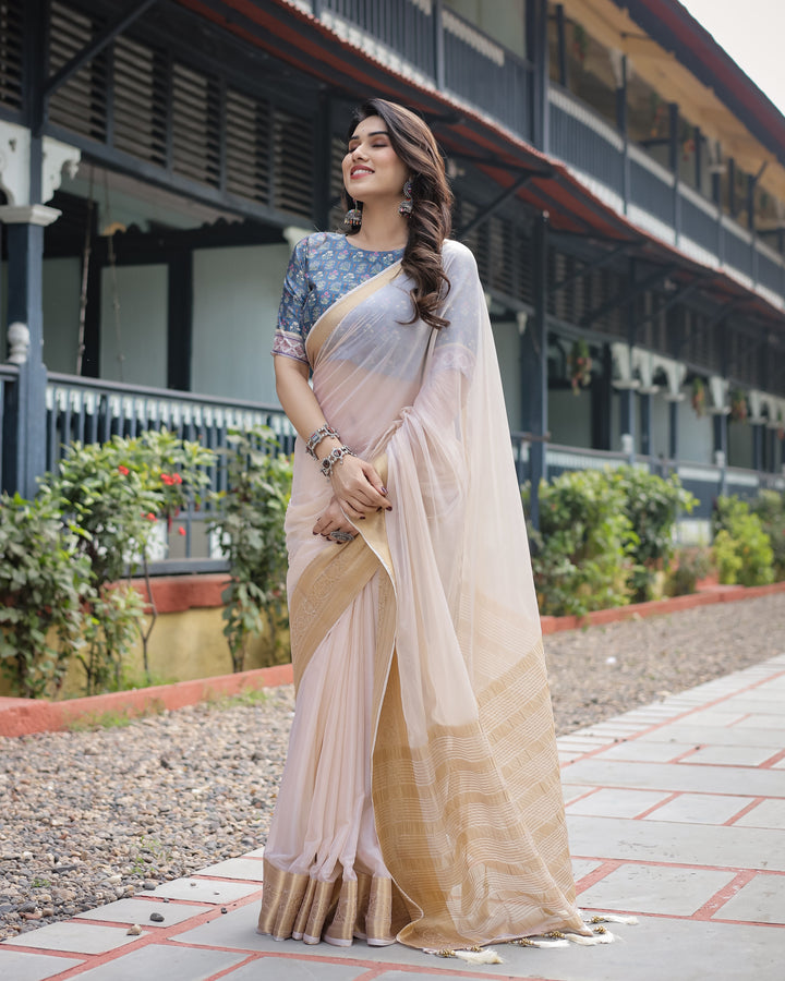 Ivory White Plain Chiffon Saree with Gold Zari Border, Floral Printed Blouse & Tassel Detailing