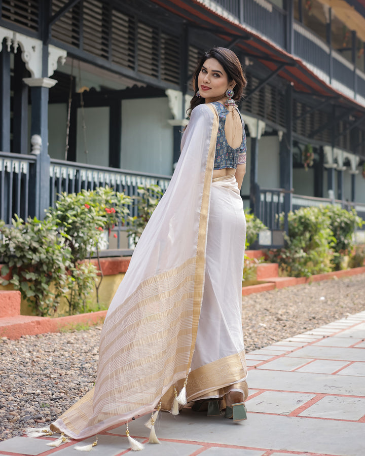 Ivory White Plain Chiffon Saree with Gold Zari Border, Floral Printed Blouse & Tassel Detailing