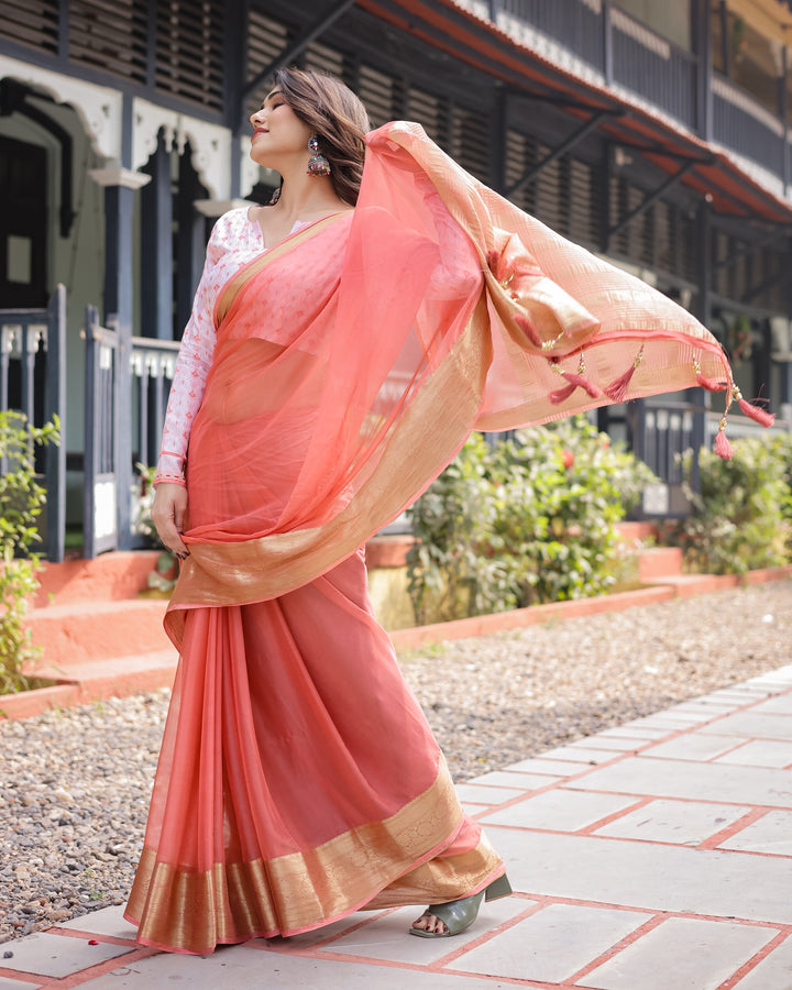 Peach Pink Plain Chiffon Saree with Gold Zari Border, Geometric Printed Blouse & Tassel Detailing