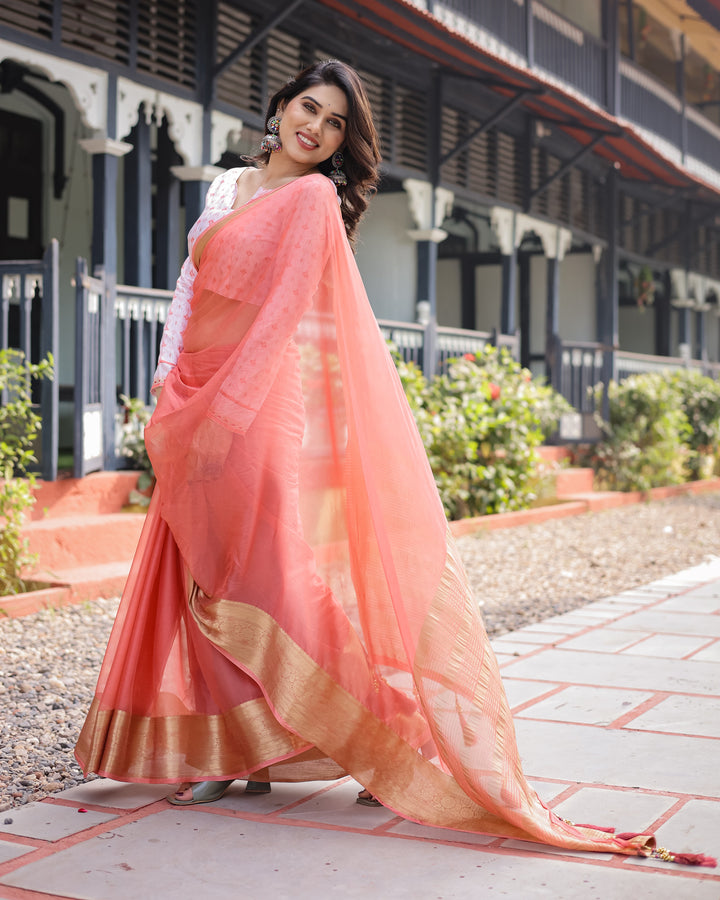 Peach Pink Plain Chiffon Saree with Gold Zari Border, Geometric Printed Blouse & Tassel Detailing