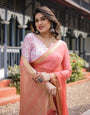 Peach Pink Plain Chiffon Saree with Gold Zari Border, Geometric Printed Blouse & Tassel Detailing